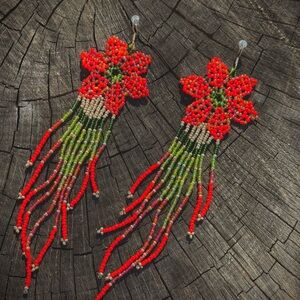 Red and Green Floral Beaded Earrings with Fringe